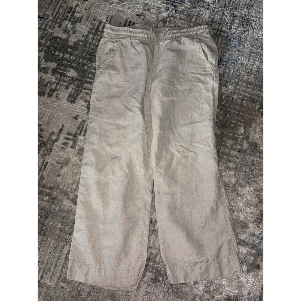 LL Bean Womens 10 Petite Linen Pants Beige Elastic Waist Drawstring